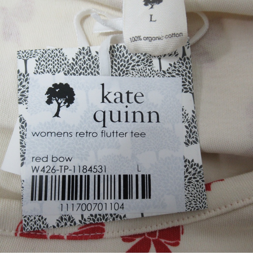 Kate Quinn Organic Cotton Retro Flutter Tee Red Bow Print Size Large - Picture 8 of 14
